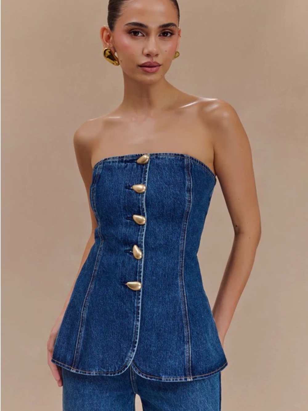 MESHKI Lennox Strapless Long Line Button Top in Dark Blue Size XL